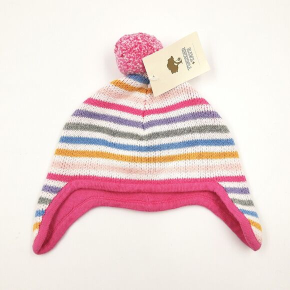 Tucker + Tate Baby Girl Ivory Rainbow Striped Knit Pom Pom Earflap Hat 0-12M - Picture 1 of 4
